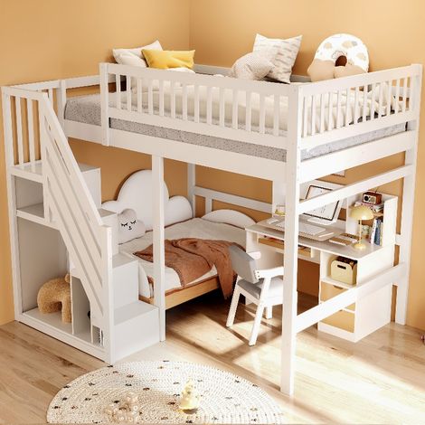 Massivholzbett 140x200 mit Stauraumtreppe und hohem Geländer, platzsparendes Hochbett für Kinder und Jugendliche, Kiefernholz, Weiß (1/5)