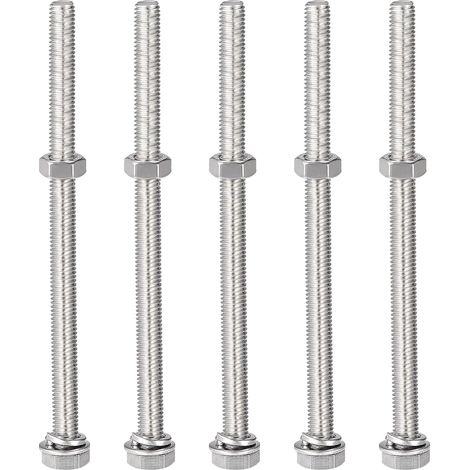 Lot de 5 vis à tête hexagonale M8 x 130 mm, écrous, rondelles plates et de verrouillage, boulons hexagonaux entièrement filetés en acier inoxydable 304
