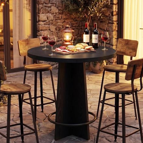 Tribesigns Table de bar ronde, 95 cm de haut, table de bistrot en bois avec base et repose-pieds en métal, bureau de cocktail pour café, cuisine, salle à manger, noir