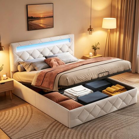 Letto contenitore 140x200 cm in velluto con LED, letto matrimoniale idraulico, testiera imbottita, rete a doghe
