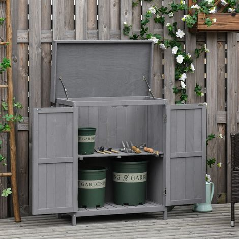 Meuble de jardin en bois, 2 compartiments, double porte, 74 x 43 x 88 cm, gris foncé DESVIAE (1/5)