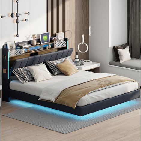 Cama tapizada 160/200 cm gris de lino con LED, USB y almacenaje en cabecero (1/5)