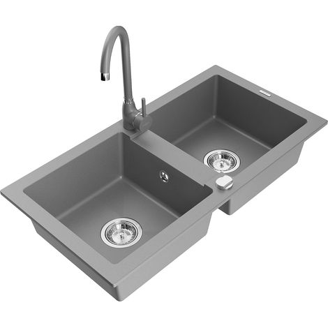 Mexen Mario lavello in granito a 2 vasche con rubinetto da cucina Telma, grigio - 6504-71-670200-71 (1/5)