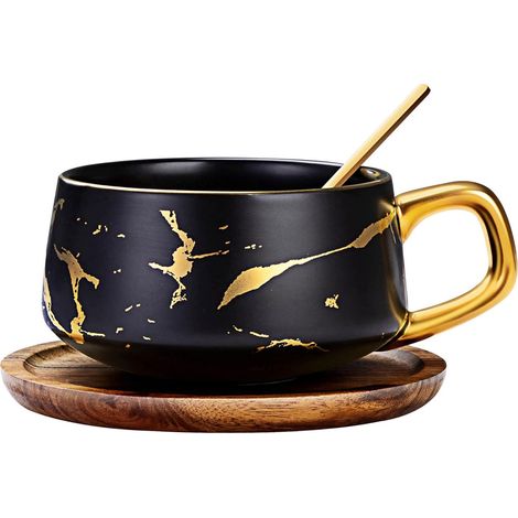 Cappuccino Cups - Ceramic - 250 Ml - Milk Foam Retaining Design - Matte Finish With Gold Marble Texture - Black - 1 Piece (1/5)
