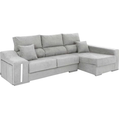 Sofá Chaise Longue Oscar Derecha 3 Plazas, Arcón, 2 Puffs, Asientos Extensibles Gris Claro 263 cm