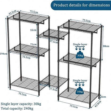 VVBV Portant à vêtements, réglable, avec étagères, métal, noir, pour chambre et dressing (1/5)
