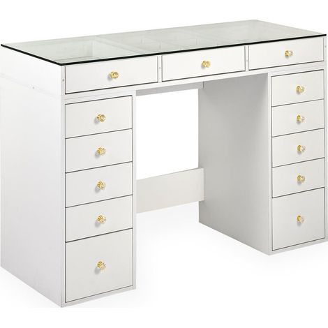 Coiffeuse moderne avec 13 tiroirs et plateau en verre transparent L120cm Probeauty Blanc