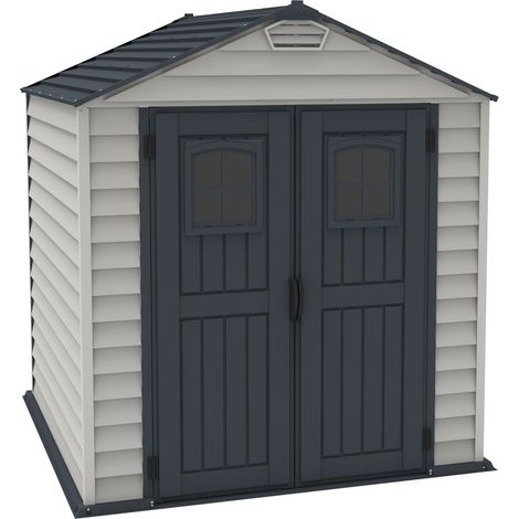Duramax StoreMax Capanno da giardino in plastica, 7 x 7, con pavimento, e finestra fissa su porte, struttura in metallo resistente ignifugo e senza manutenzione, Grigio scuro/Adobe (1/5)