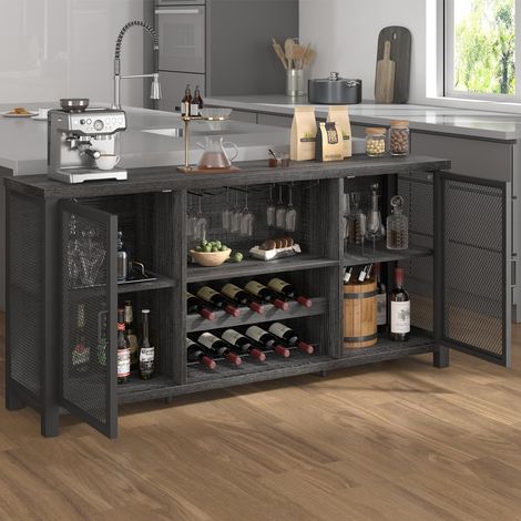 Armoire de bar à liqueur, armoire à vin industrielle, buffet rustique pour liqueur et verres, armoire à café avec support de rangement pour la maison, la cuisine, la salle à manger, chêne gris (1/5)