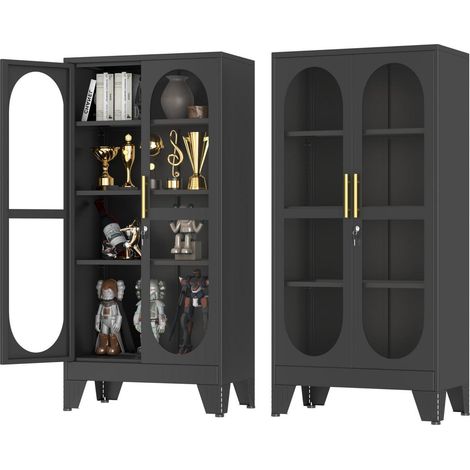 Vitrinen-Schrank mit Glastür, abschließbar, 155cm, 3 verstellbare Regale, schwarz (1/5)