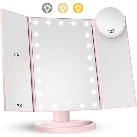 Miroir de maquillage pliable à 3 faces avec éclairage à intensité variable et 22 LED - Rose (1/5)