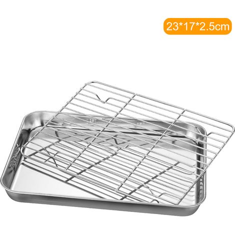 Quadratische Grillplatte aus Edelstahl mit flachem Boden, Grillrost und Fettauffangschale (23 x 17 x 2,5 cm) (1/5)