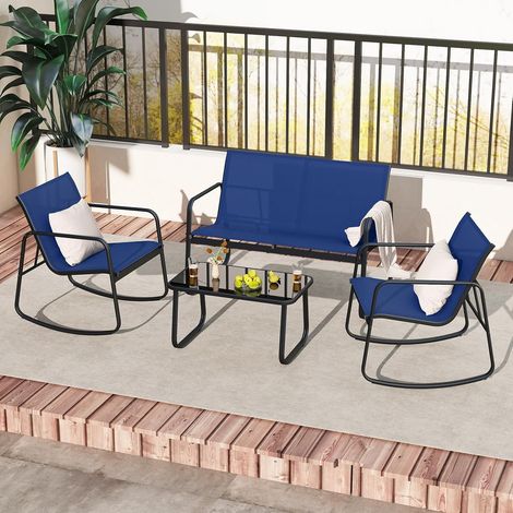 GOPLUS Salon de Jardin 2 Personnes,3Pcs Table Basse avec 2 Fauteuils Jardin,Salon de Bistrot avec Cadre Métallique, pour Jardin, Balcon, Piscine (4 Personnes,Bleu) (1/5)