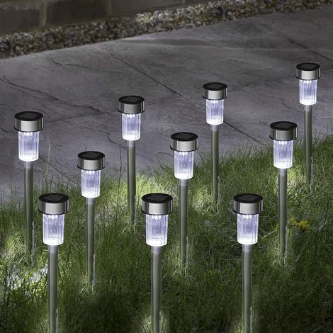 10 luci solari per giardino, paletti da giardino, luci per vialetti Luci solari impermeabili con accensione/spegnimento automatico, colore bianco, per esterni. (1/5)