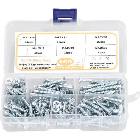 160 vis autoperceuses en acier au carbone, zinguées bleues, à tête fraisée, empreinte cruciforme M4,2 pour W
