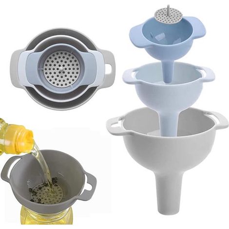 Set di 3 imbuti in plastica di alta qualità, adatti al contatto con gli alimenti, con inserto setaccio, imbuti da cucina, imbuti per barattoli di conserve, imbuti per marmellate. (1/5)