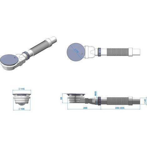 Bonde de douche 90 mm, siphon de douche plat avec filtre à odeurs, crépine, flexible télescopique pour receveurs et bases de douche (1/3)