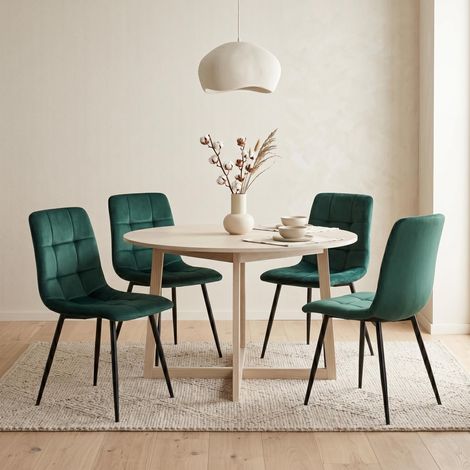 Lot de 4 Chaises velours Vert - Pieds en Métal Noir - Rembourrage haute densité - Design scandinave pour cuisine et salon