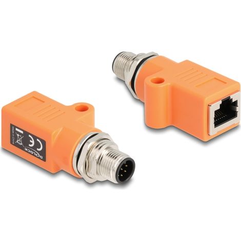 Delock Adaptador M12 codificado A de 8 pines macho a RJ45 hembra Cat.5e con orificio de montaje recto naranja