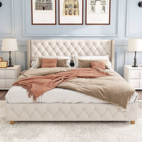 Lit double rembourré 140x190 cm beige en lin, tête de lit à oreilles capitonnée avec rivets, pieds en bois, sommier 12 lattes inclus, sans matelas (1/5)