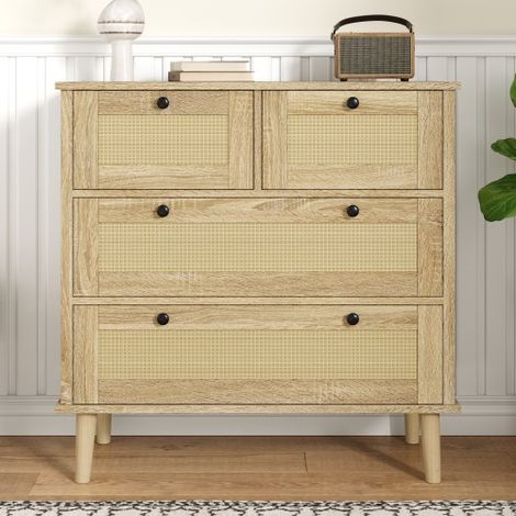 Commode 80x40x80 cm avec 4 tiroirs, tressage en rotin, poignée ronde noir, naturel (1/5)