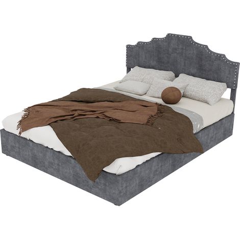 Cama con Arcón 140 x 200 cm de Tela, Cama Doble con Cabecero Geométrico, sin Colchón, Gris (1/5)