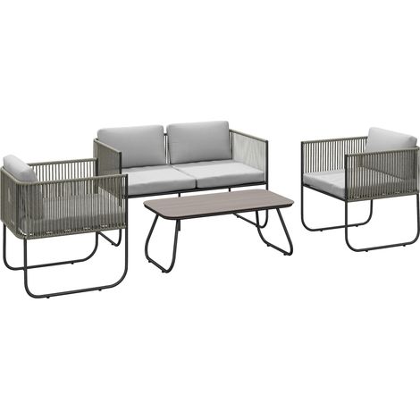 4-teiliges Gartenmöbelset aus Rattan: 2-Sitzer-Sofa, 2 Sessel, Couchtisch aus Glas, waschbare Kissen, Stahlgestell, hellgrau