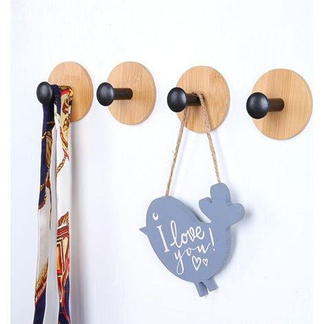 4-Pack Self-Adhesive Hooks (Black), Reusable Seamless Bamboo Hooks, Durable Adhesive Hooks, Hooks for Bedroom, Kitchen, Bathroom. MUMU