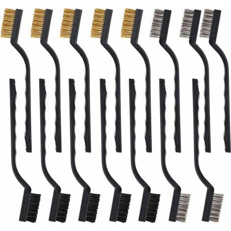 Mini Brosse Métallique Set Acier Inoxydable Laiton Nylon Brosse Métallique Brosse Métallique en Plastique Courbé Outillage à Main Utilisé pour le Nettoyage Soudage Scories et Rouille(15 Pièces (1/5)