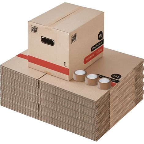 Pack and Move - Lot 50 Cartons Déménagement Livres Premium - 40 X 30 X 30 Cm - Extrême Résistance 20 KG - Poignées Renforcées - 3 Adhésifs Offerts (1/5)