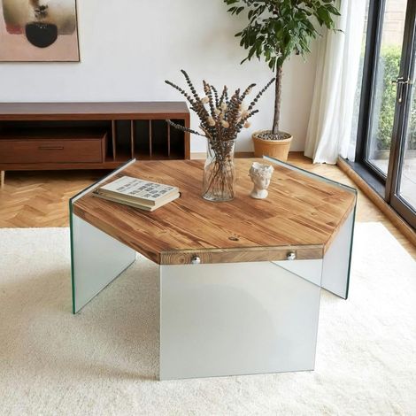 Table basse en bois clair et verre - forme hexagone LHASA (1/5)