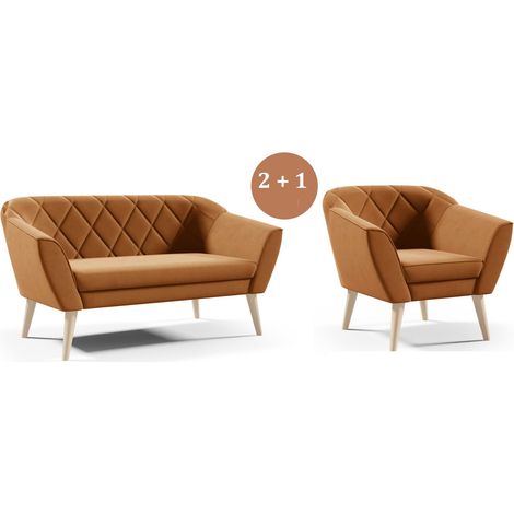 Sofello Couchgarnitur Sessel + 2 Sitzer Sofa Hellbraun Hohe Holzbeine (1/5)