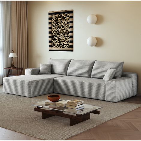 Sofá esquinero modulable 270 cm de tejido, con chaise longue a la izquierda, gris OKMYHOME (1/5)