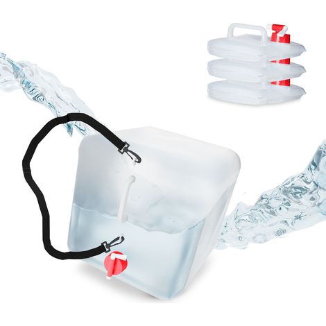 Relaxdays faltbarer Wasserkanister, 4er Set, 20 l, Wasserbehälter mit Zapfhahn & Tragegurt, BPA-frei, transparent/rot