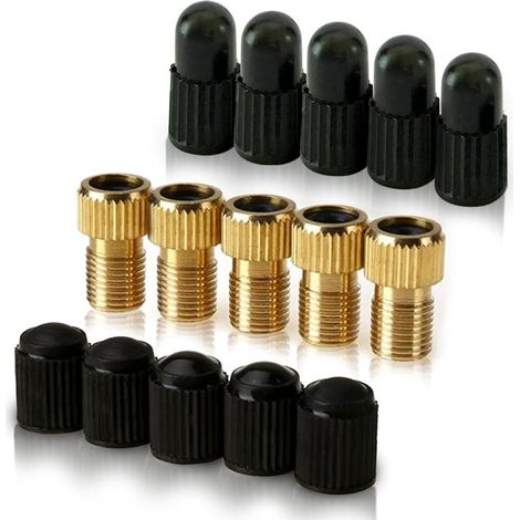 Presta-Ventiladapter aus Messing (5er-Pack + 10 Kappen) – Umrüstung von Presta auf Schrader für Fahrräder, E-Bikes und E-Scooter