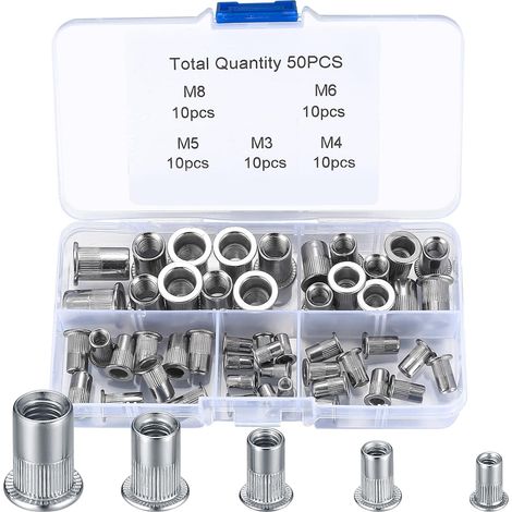 50 Pièces Assortiment d’écrous Rivets, Rivet Écrou Plat Tête Filetée Rivet Acier inoxydable - M3 M4 M5 M6 M8 (1/5)