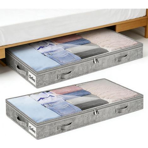 Boite Rangement Sous Lit, Lot de 2 Boite Rangement Vetement en Tissu Pliable avec Couvercle Et Fermetures Eclair Grande Capacite 50l Organisation Vetements Couvertures Sous Le Lit 100x50x10 cm Gris (1/4)