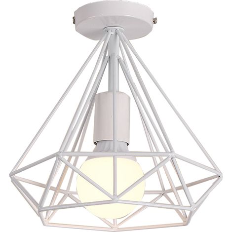 Lustre Vintage De Jaula Forma De Diamante 25CM (Blanco)Retro Lámpara De Techo Industrial Para Salón De Comedor Hotel Restaurante Interior