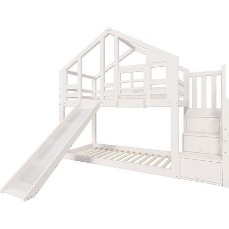 GagaGagaLit cabane enfant 90 x 200 cm avec toboggan et barrière blanc (1/5)