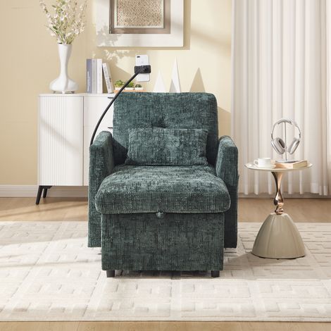 Fauteuil relax avec rangement, poches latérales et support pour téléphone, en chenille, vert émeraude