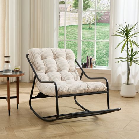 Fauteuil à bascule d'extérieur, structure noire, coussin blanc épais, moelleux, pour salon, chambre ou lecture (1/5)