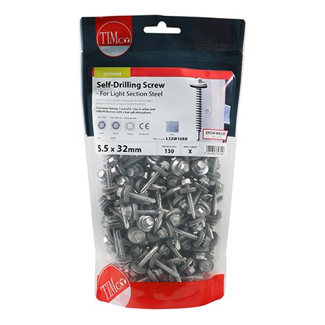 TIMCO Self-Drilling Light Section Screws Exterior Silver with EPDM Washer - 5.5 x 32 (1/3)