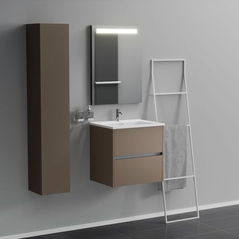 Inda - Badezimmerschrank 2 Schubladen L.60 mit beleuchtetem Spiegelwaschbecken – Matt Nerz