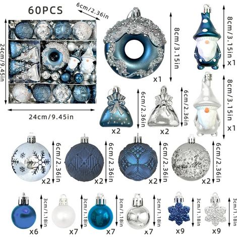 60-teiliges Weihnachtsbaumschmuck-Set mit Kugeln in verschiedenen Formen – in leuchtendem Blau und Silber – in einer Geschenkbox geliefert – ideal für die Feiertage (1/5)