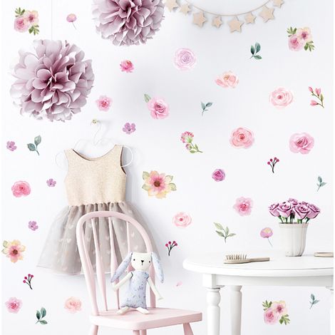 4 Feuilles Sticker mural,PVC translucide,Fleurs aquarelle,Décoration chambre fille (1/5)