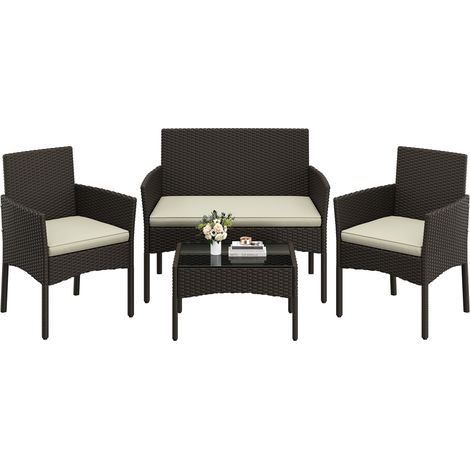 Homevive Juego de 4 Piezas Muebles de Jardín de Ratán 1 Sofá 2 Sillones con Cojines y 1 Mesa de Vidrio para Patio Terraza Marrón/Beige