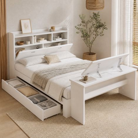 Cama infantil 140 x 200 cm con almacenaje, estante cabecero, cajón y mesa abatible, blanco HAVRYA (1/5)