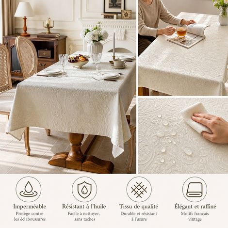 Nappe Impermeable Nacre Beige Vintage Facon Lin 90 x 90 cm Anti-Taches Table Ronde (1/4)