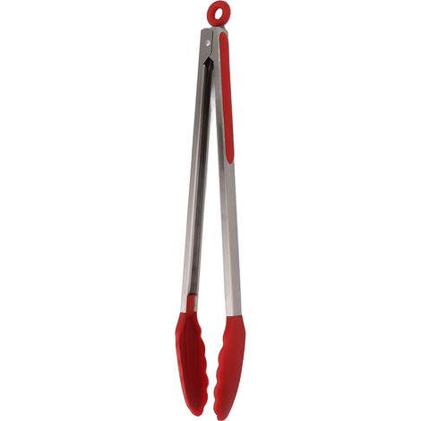 Pince de Cuisine Silicone Inox Antiadhésif Résistante à la Chaleur, Pinces Alimentaires Anti-Dérapantes pour Cuisson et Service, Rouge 40cm / 15.7 pouces (1/5)