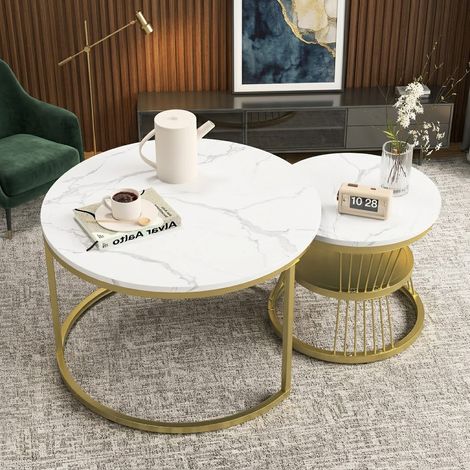 Lot de 2 Tables Basses Gigognes Blanc avec Cadre Doré, Tables Basses Rondes Modernes pour Salon, Chambre, Balcon, Bureau. 70cm + 45cm, Blanc Marbre (1/5)